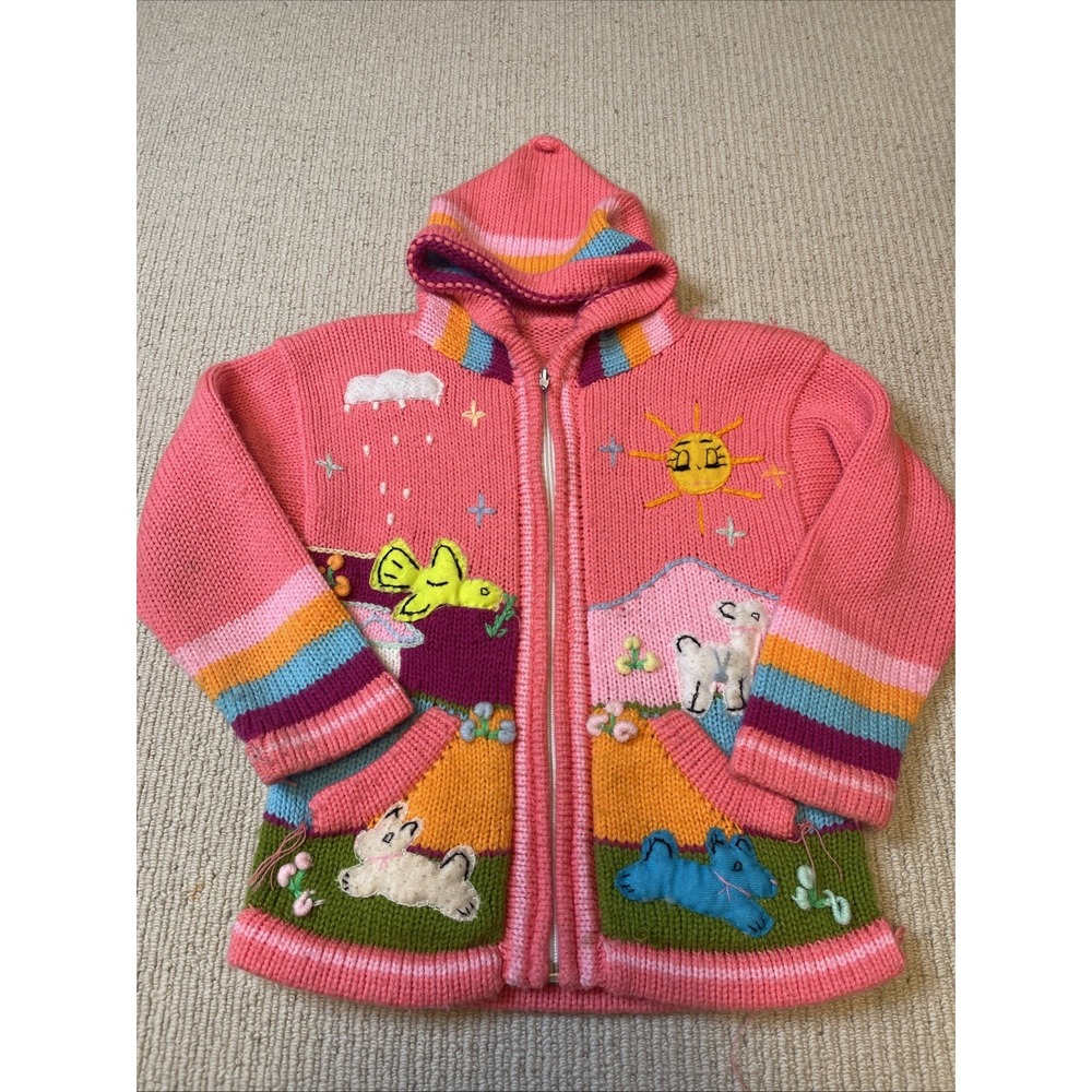 Native Import Arpillera Handmade Peruvian Zip Sweater Pink Hooded 5Y**